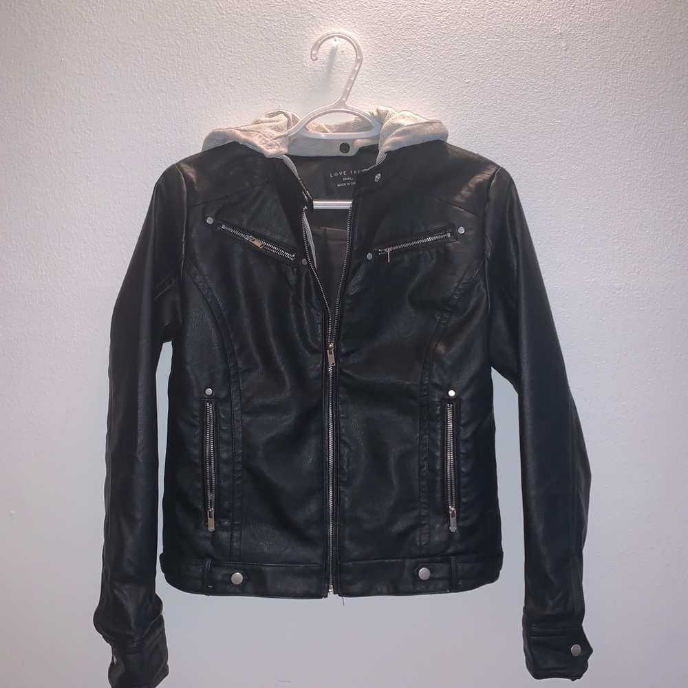 Leather jacket with gray hood